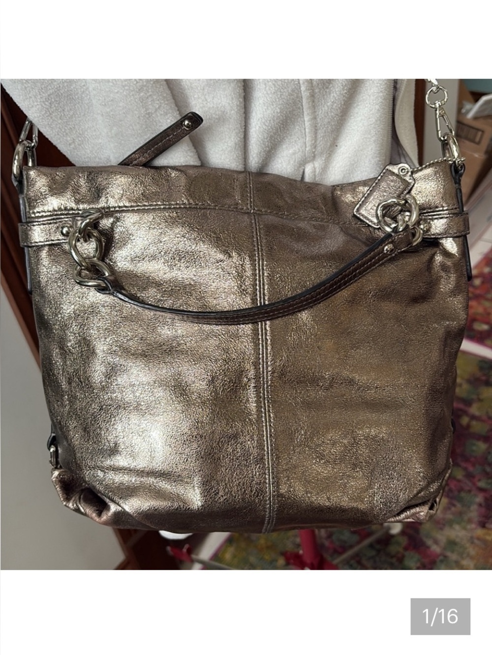 Coach  Brooke metallic  shorter version 10”h silver bronze leather chain added